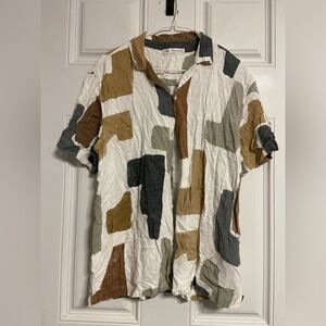 T30- ZARA Linen-Viscose ABSTRACT-GEO Short Sleeve Shirt